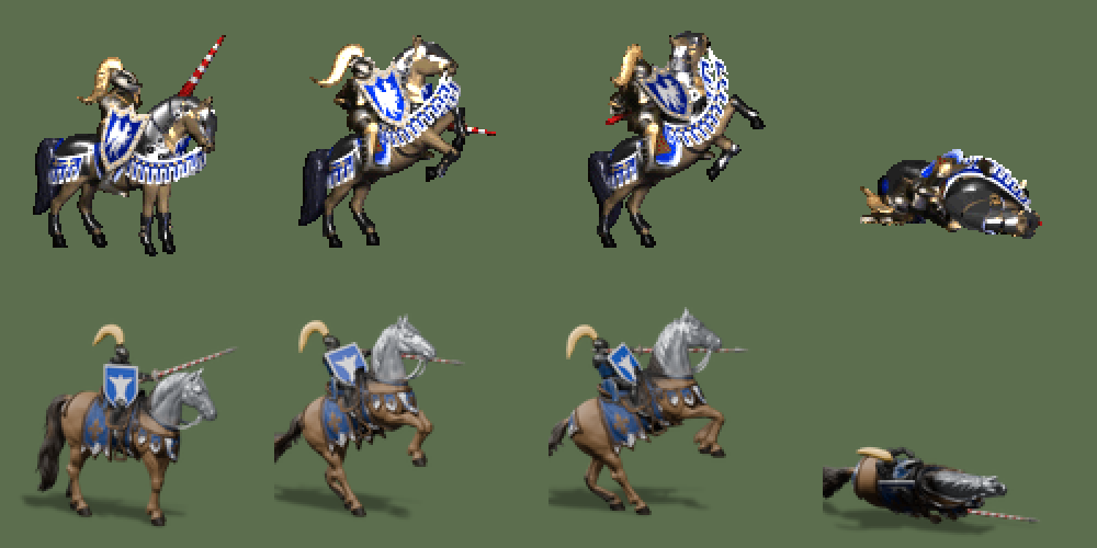 Original (top) and new draft (bottom): idle, front attack, upward attack, death