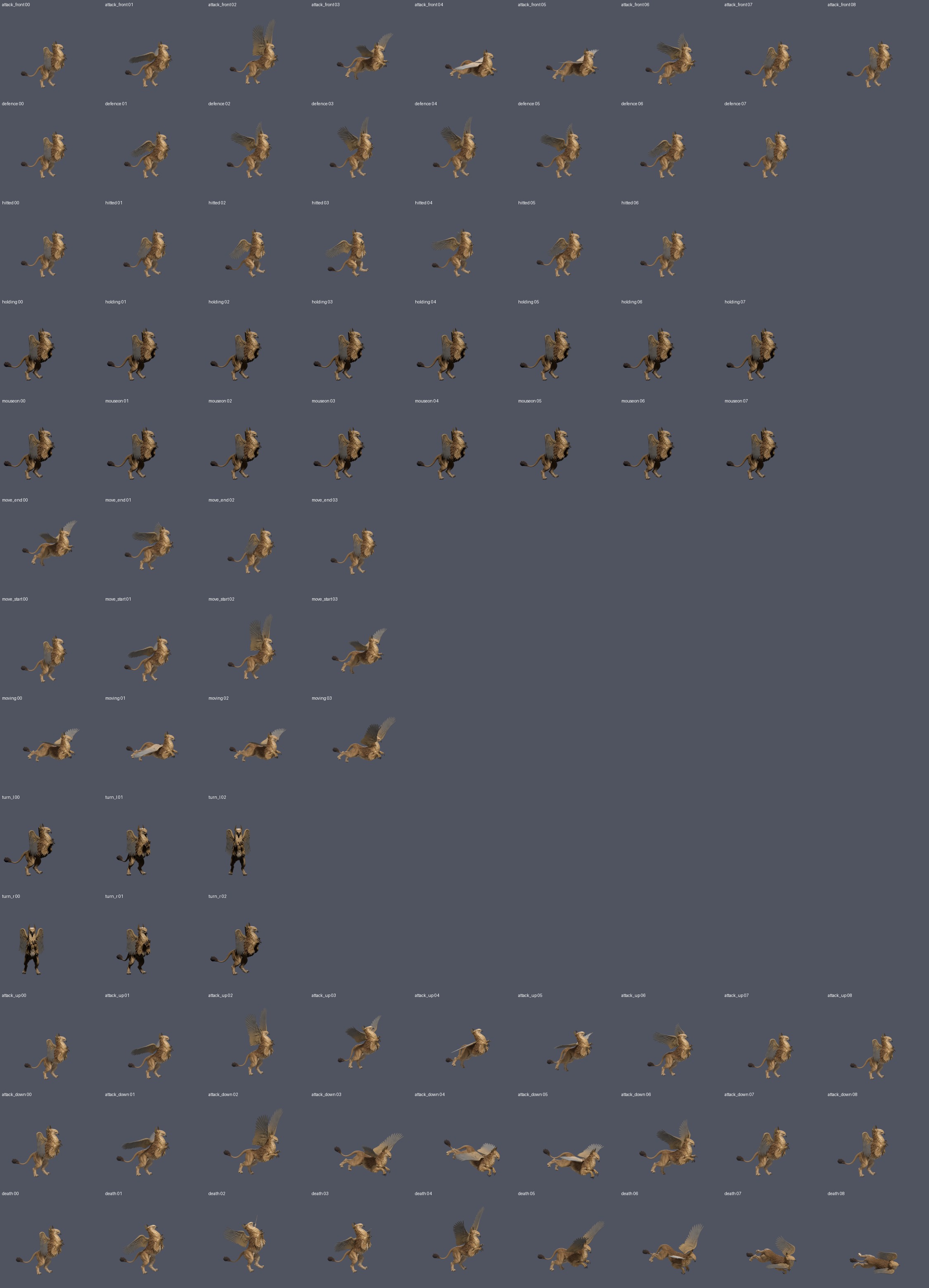 Ordinary Griffin: 13 groups and 85 Blender draft frames. Preview framing differs between groups; these are neither equally registered game frames nor battle captures