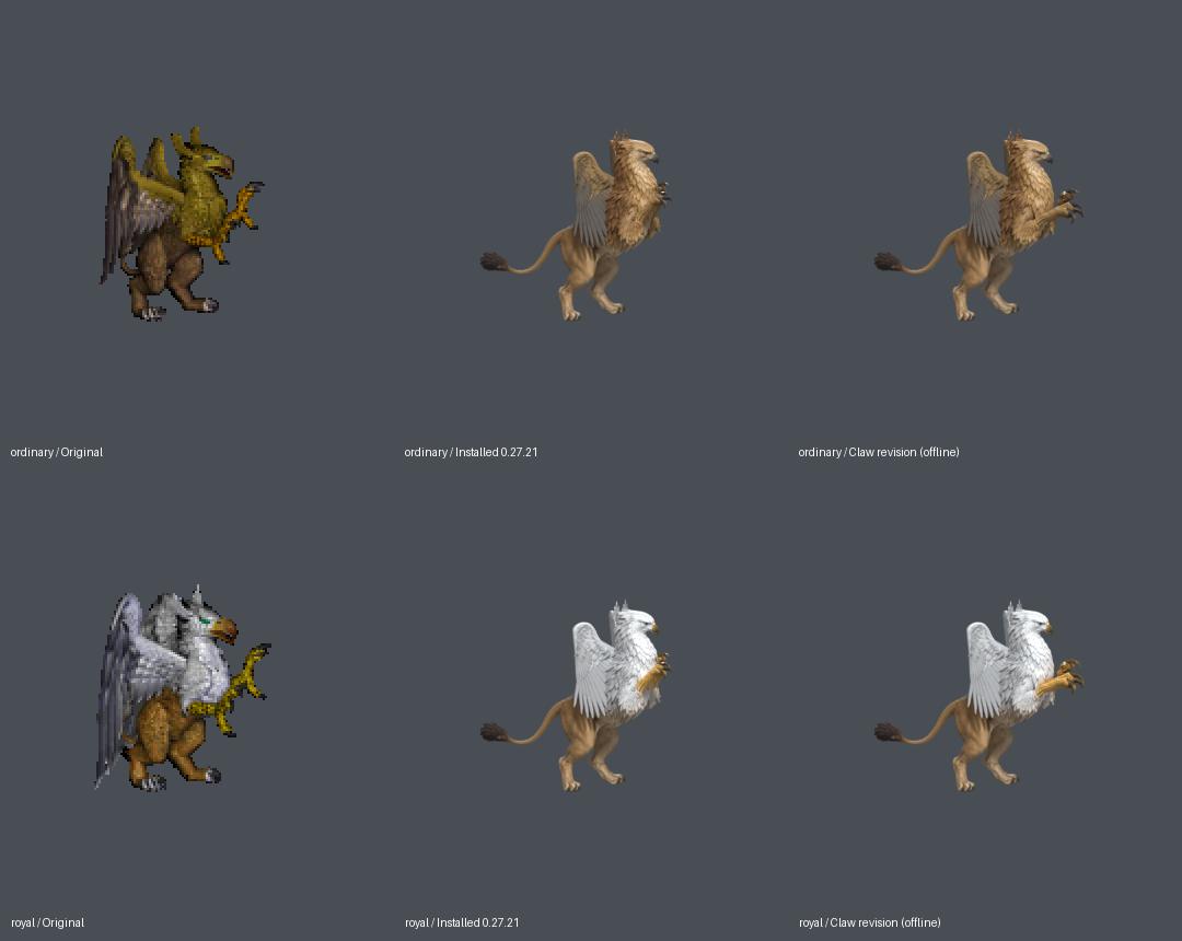 Both Griffins: original, 0.27.21 and revised claws, with identical framing and scale. The right column was labeled offline when this comparison was made; those assets are now installed in 0.27.22. These are not in-game screenshots