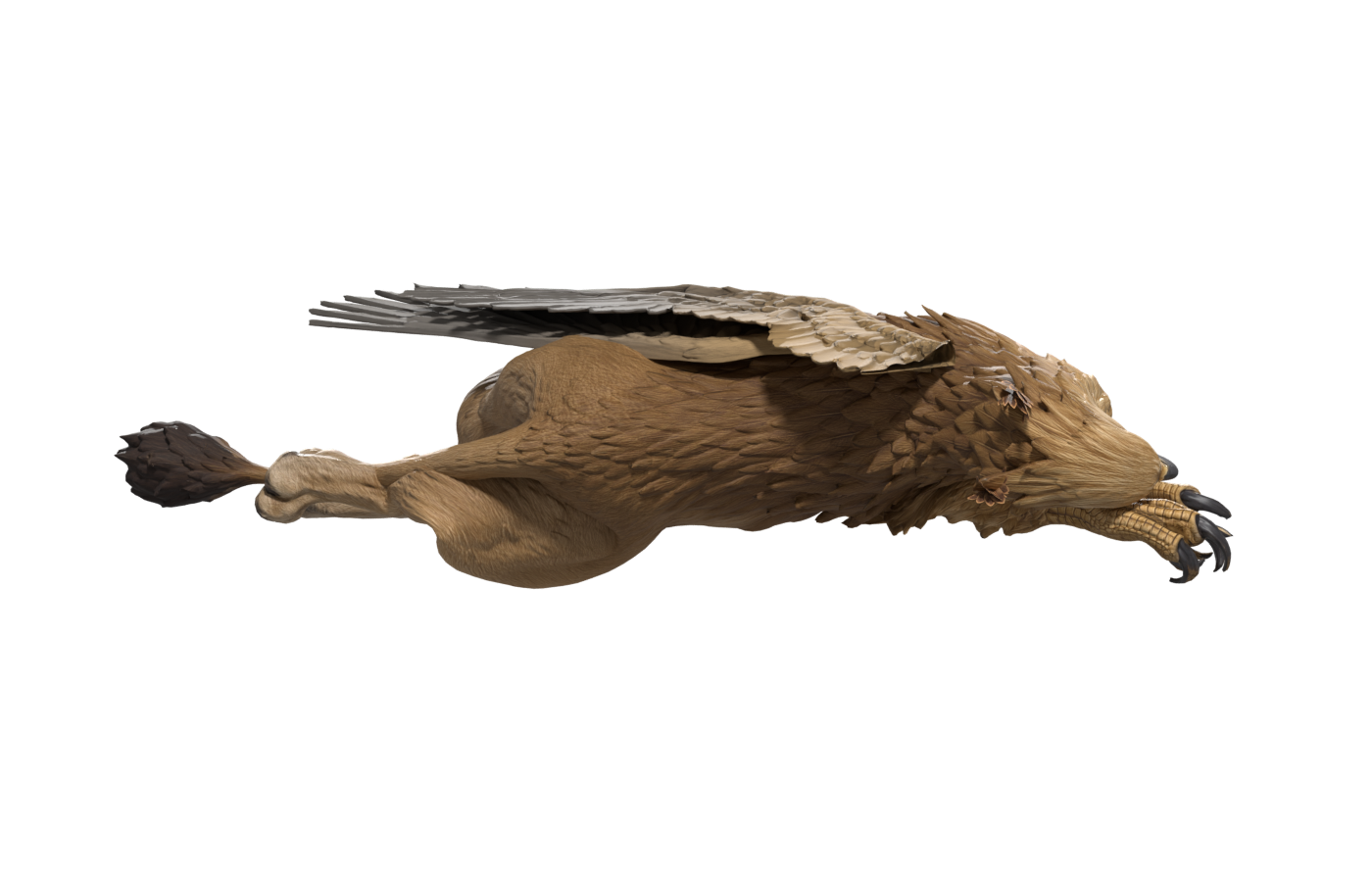 Ordinary Griffin final death pose, a 1400 × 900 Blender still; local deformation remains unfinished