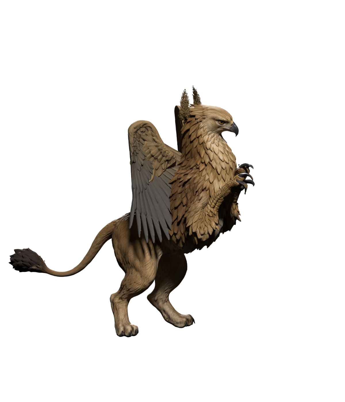 1200 × 1400 Blender assembly trial with paired upright ear tufts; surface quality remains unfinished, and this is not an installed result