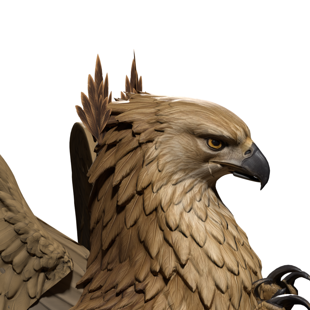 Actual Blender close-up of the layered ear assembly, retaining the Meshy texture and feather geometry