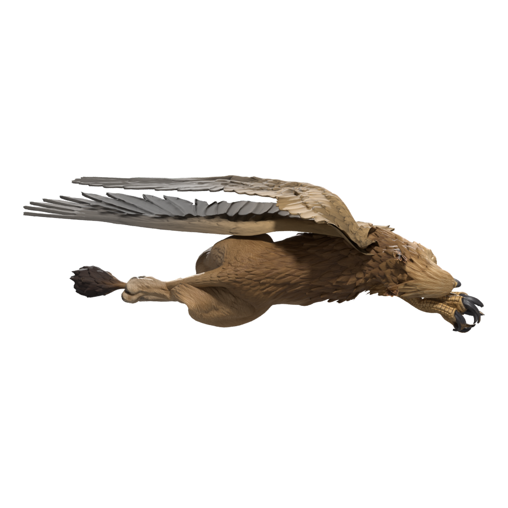 Final death pose with locally separated feathers and a flat silhouette, a Blender still; installed in 0.27.28