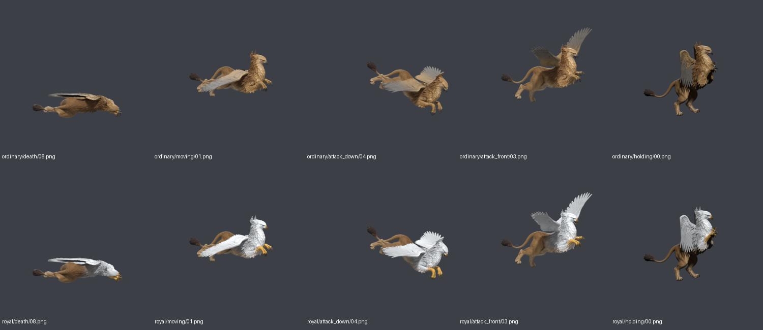 Ordinary and Royal Griffin camera checks: death, flight, downward attack, forward attack and standing; every cell uses the same crop and scale, from offline Blender renders