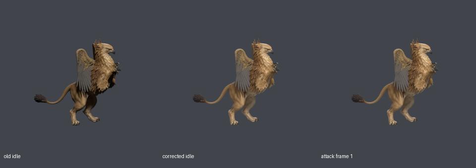 Old dark idle, corrected idle, and attack opening frame; Blender renders with the same camera