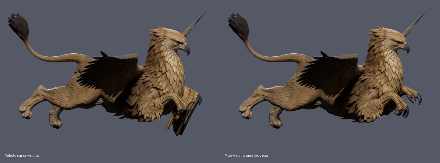 Same body flight pose: failed distance weights on the left, transferred proxy weights on the right; both are Blender renders