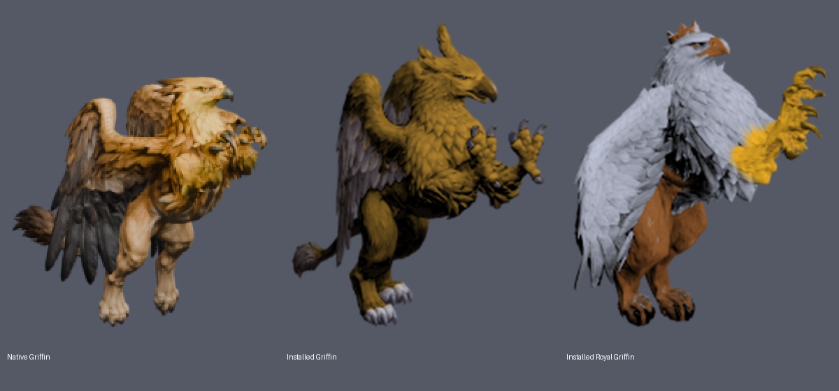 Mislabelled earlier Blender draft, installed ordinary Griffin, and installed Royal Griffin; independently fitted for comparison, not equal-scale game captures