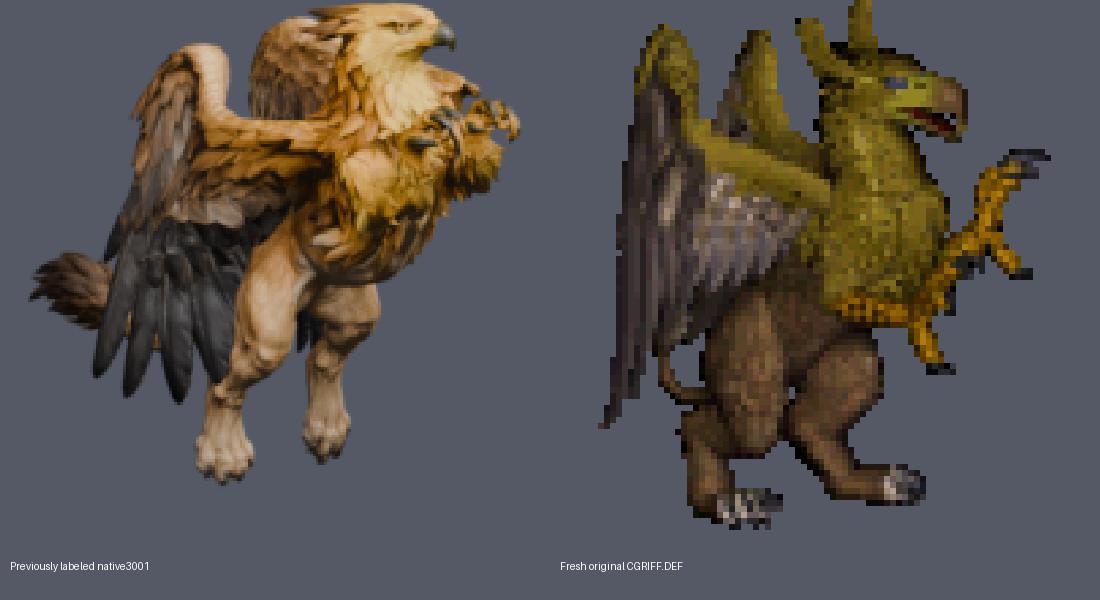 Left: an earlier Blender draft mistakenly labelled as original; right: an idle frame freshly extracted from the original CGRIFF.DEF, enlarged with nearest-neighbour sampling