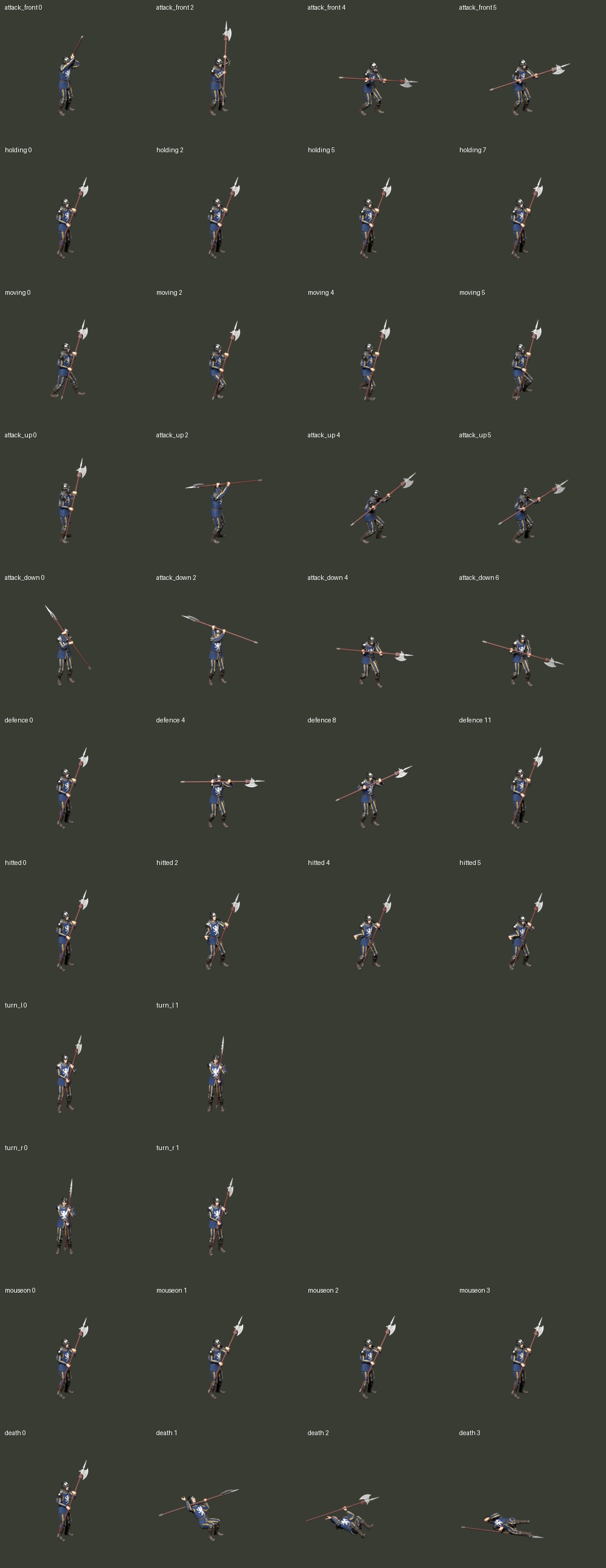 Blender frame samples from the revised Halberdier, including attacks, hit reactions with hand release, and death