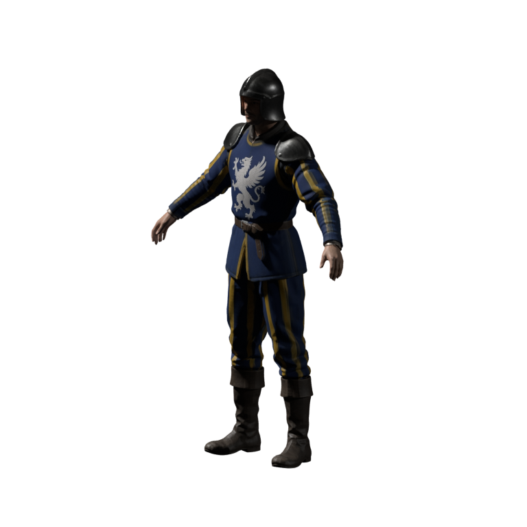 Static Blender render of the actual Meshy model, retaining the open helmet and clean emblem. The back has also been inspected; animation integration is still pending