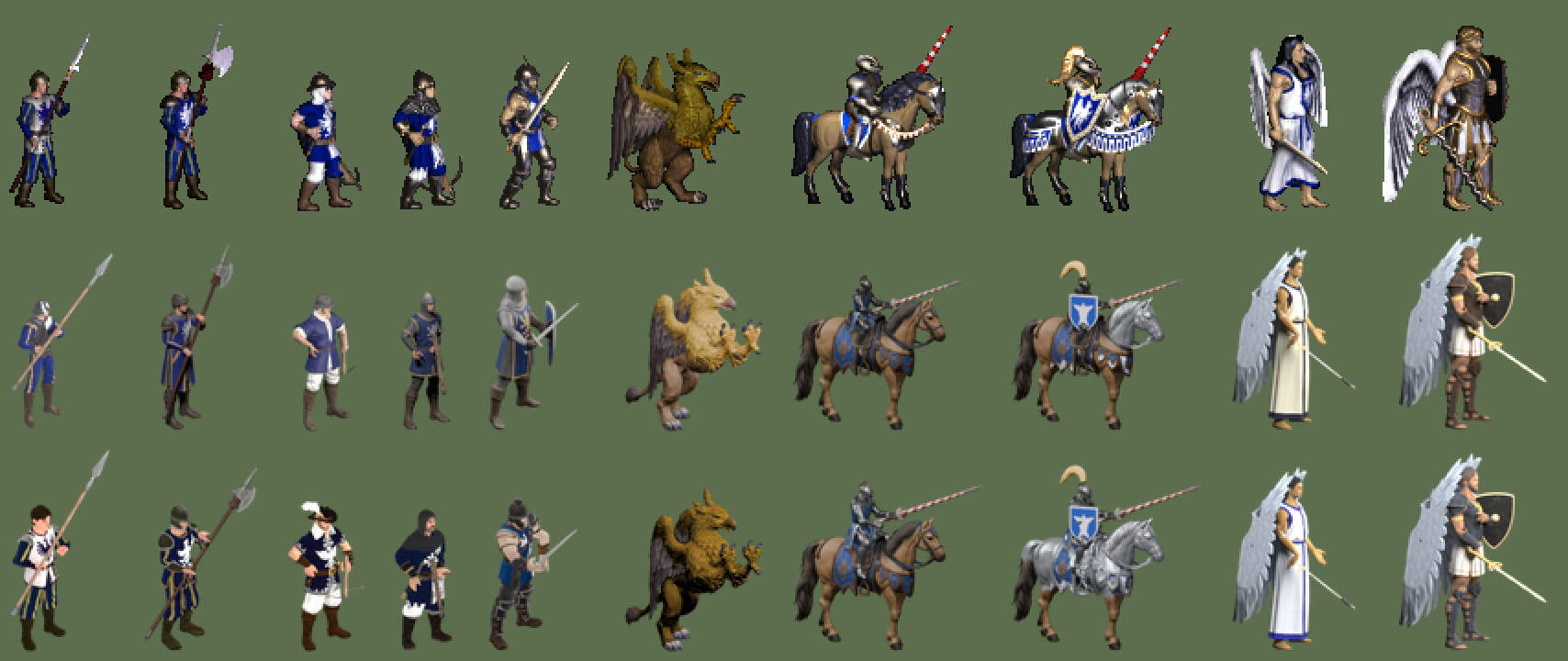 Original (top), before (middle), after (bottom), idle frames: Pikeman, Halberdier, Archer, Marksman, Swordsman, Griffin, Cavalier, Champion, Angel, Archangel