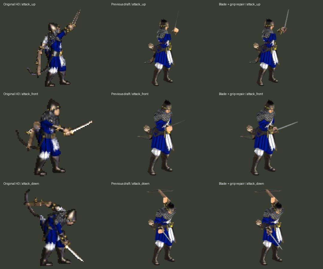 Original, previous draft and 0.27.11 for each melee direction. New images are Blender game frames. Columns are cropped and fitted independently for inspection, so they do not compare in-game sizes