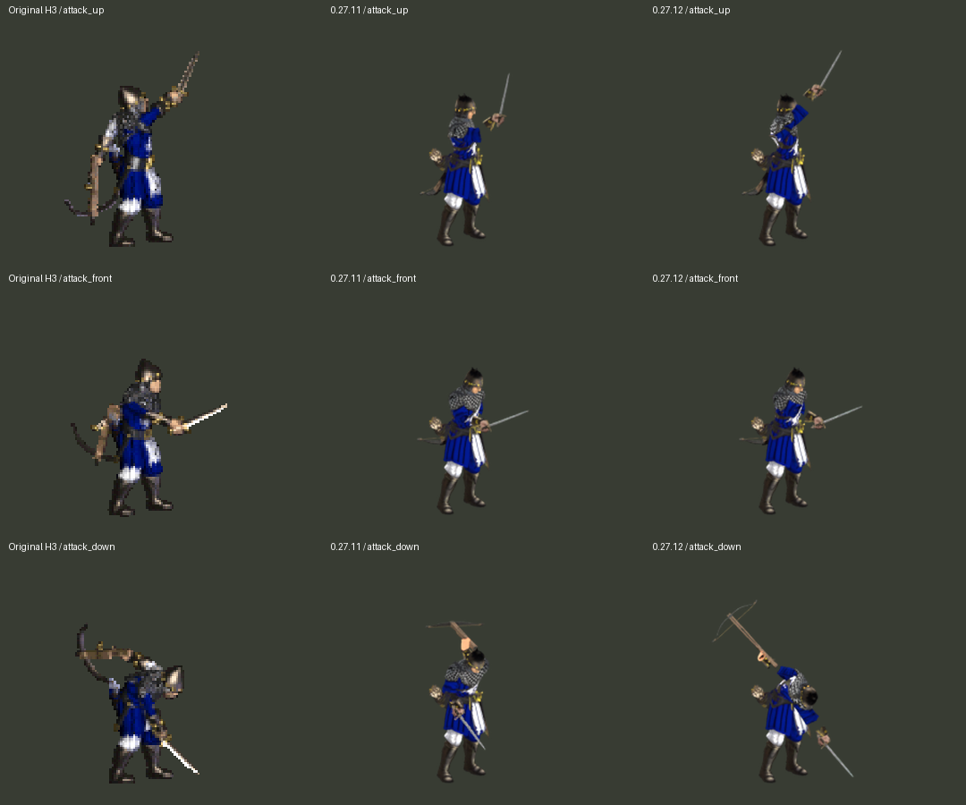 Original, 0.27.11 and 0.27.12 impact poses, using the same registered crop to compare hand and weapon positions. These are rendered frames, not battle captures