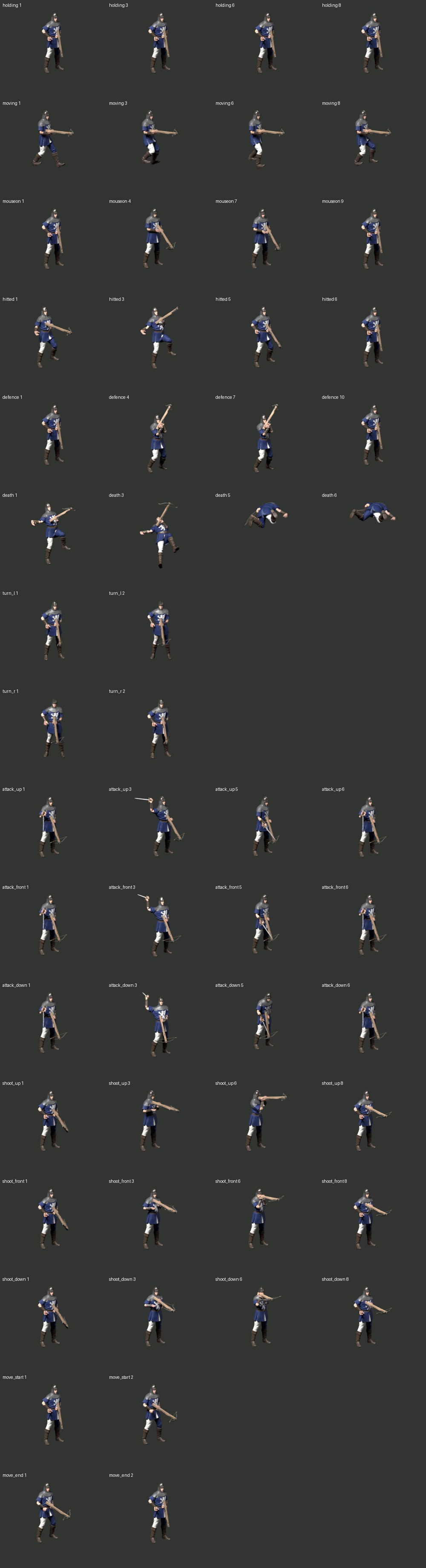 Blender render samples from all 16 Marksman actions, comprising 97 exported frames