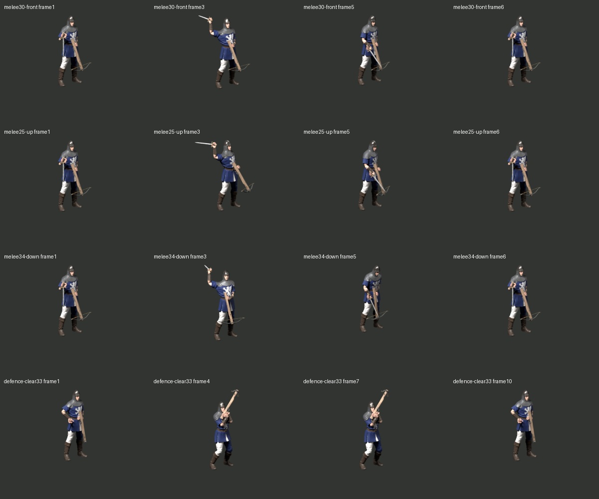 Exported poses for the three melee directions and defence: separate crossbow and sword grips, with the crossbow raised for defence