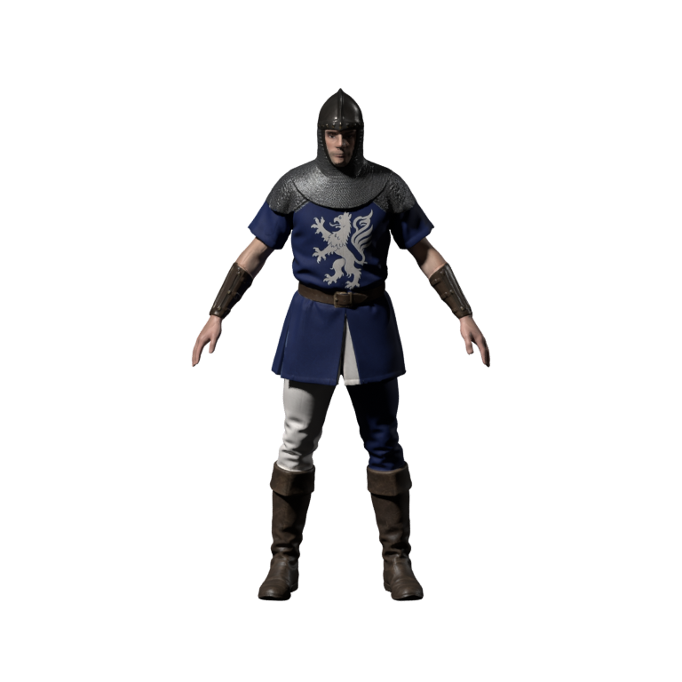 Static Blender render of the actual Meshy model. Stray pale motifs on the rear skirt are separately tinted blue with a local material mask; source textures remain intact