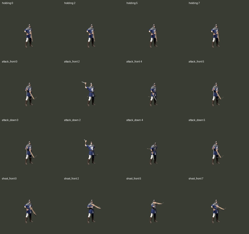 Samples from the first 28 Marksman frames, rendered in Blender. Melee intersections remain; this sheet records the pre-repair state