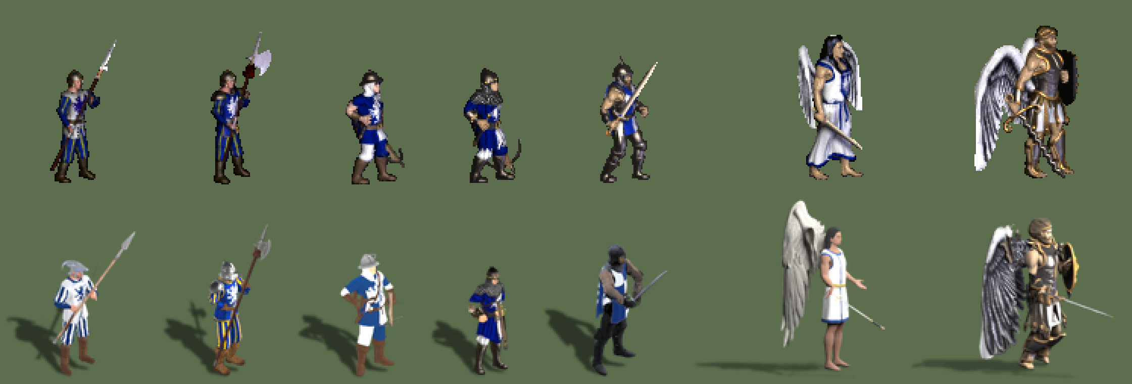 Original (top) and the new models (bottom): Pikeman, Halberdier, Archer, Marksman, Swordsman, Angel, Archangel