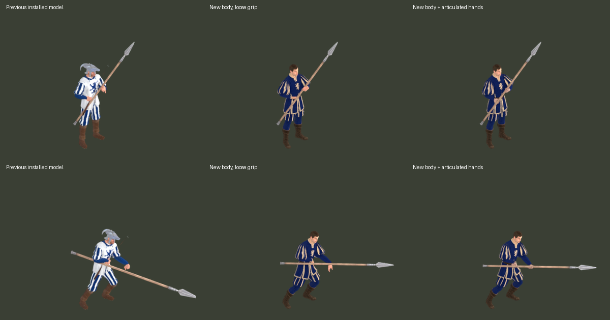 Previous installed Pikeman, new body with loose grips, and installed repair with articulated hands. Idle above and front attack below; these are Blender game frames
