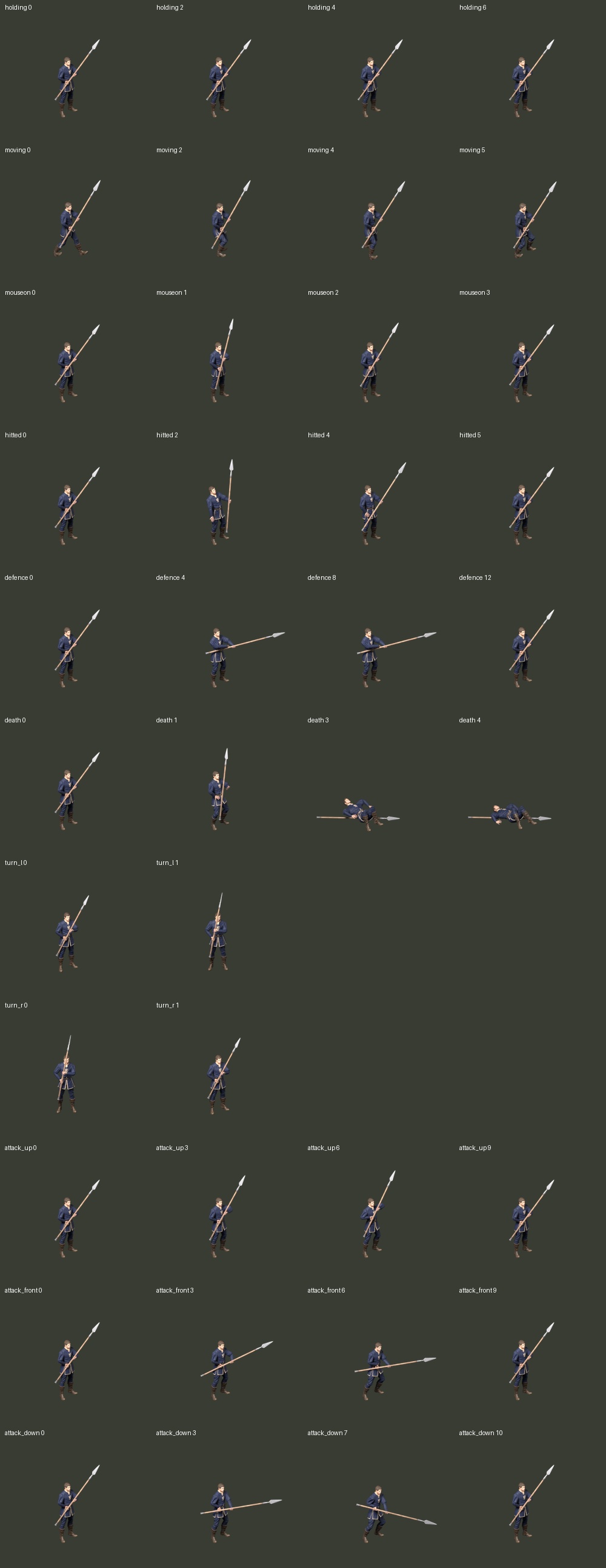Samples from every Pikeman action in 0.27.13, rendered in Blender with a shared camera and lighting, including three attacks and death