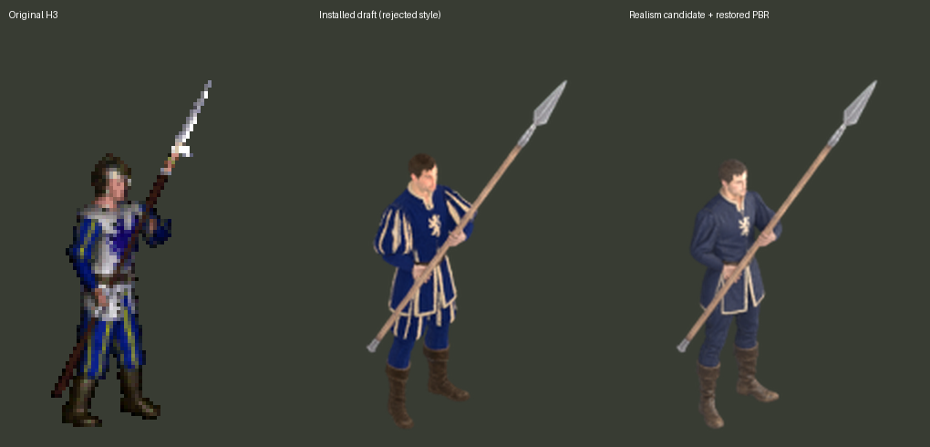 Original, installed draft rejected as cartoonish, and new candidate with restored material. New and old drafts use the same game camera and registered crop; the idle frames are enlarged for inspection