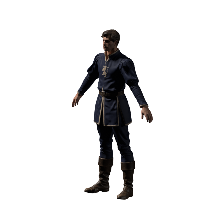 High-resolution static Blender render of the new candidate in an empty-handed A-pose, shown separately from its concept