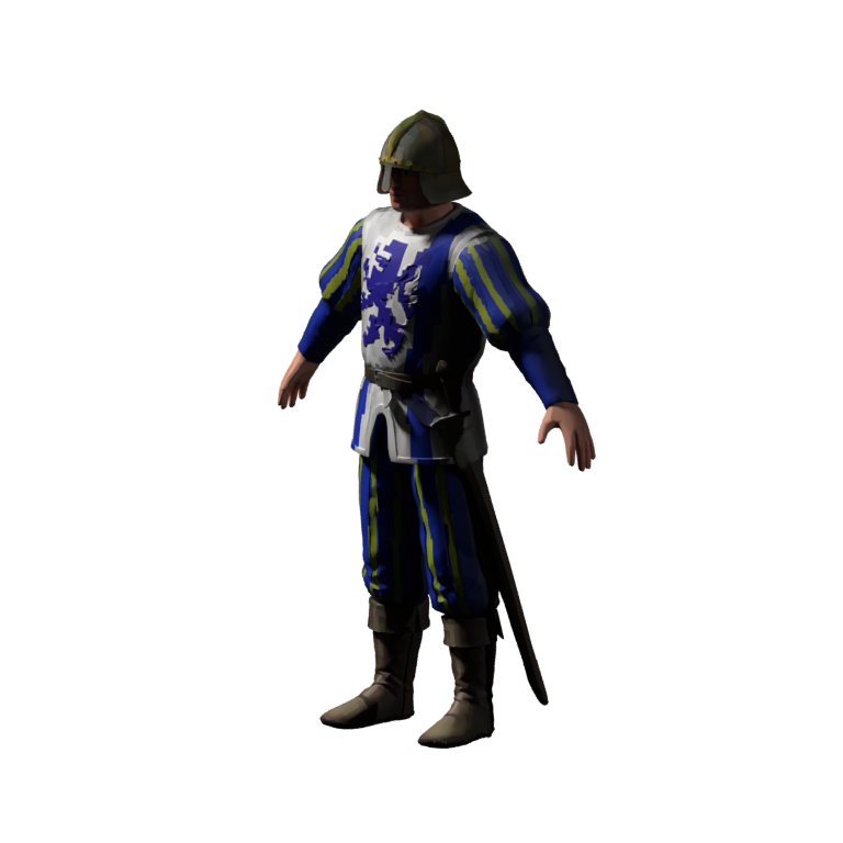 Rejected Pikeman candidate: a high-resolution static Blender render of the Meshy model, with the incorrect helmet and white chest