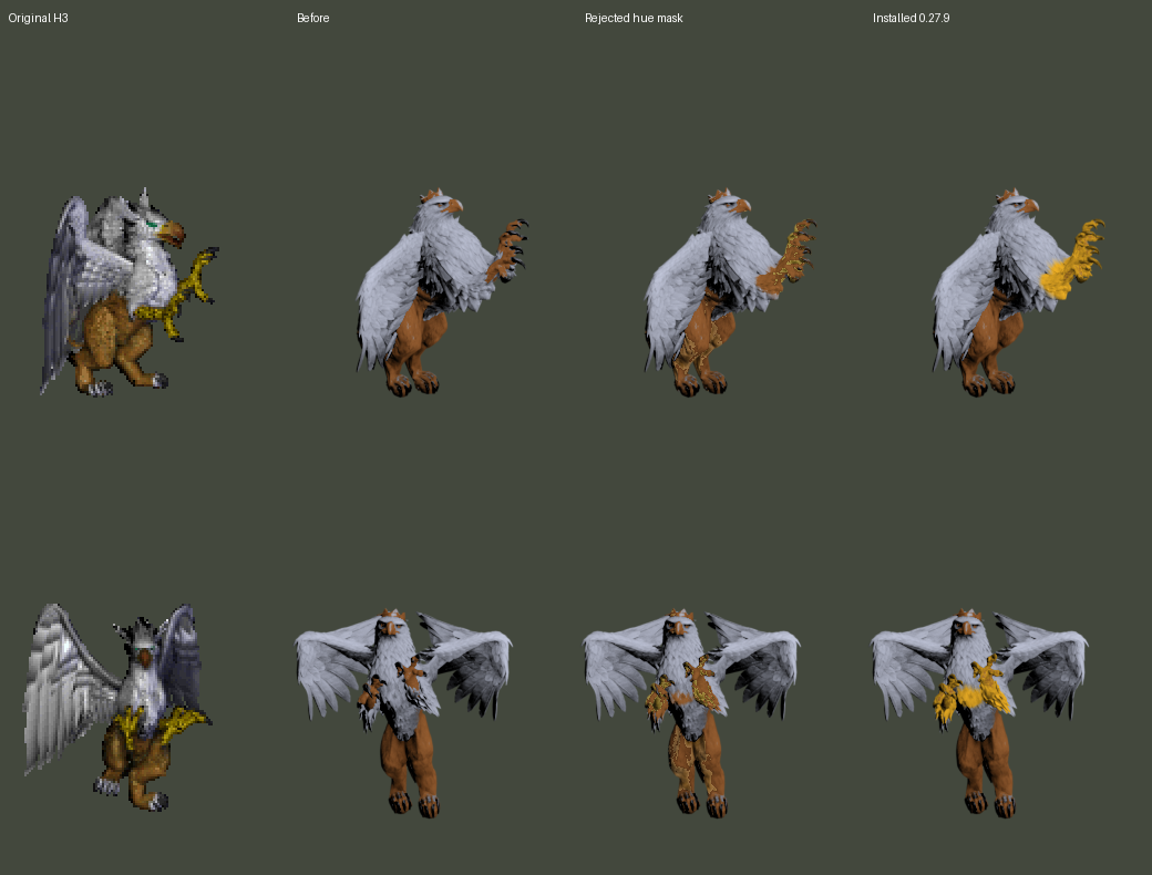 Original, previous draft, rejected colour mask, and installed 0.27.9; idle above and a turn below. New images are Blender game frames, not a new battle capture