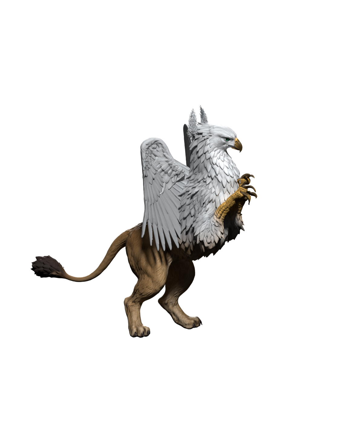 Royal Griffin idle assembly, a 1200 × 1400 Blender still; ear quality and motion remain unfinished, and this version is not installed