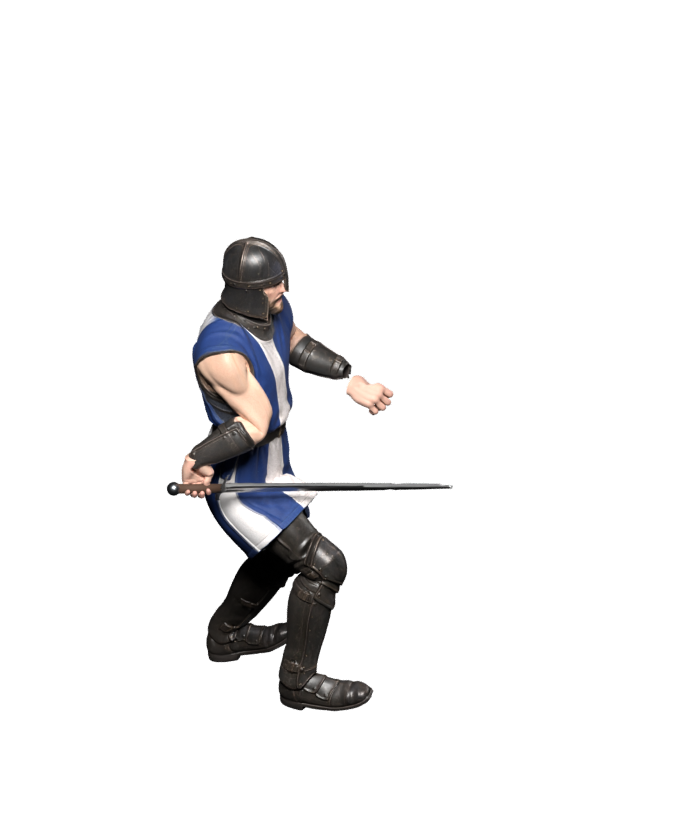 Revised Swordsman walking pose, an actual Blender still, installed locally; the full gait remains open to further comparison with the original