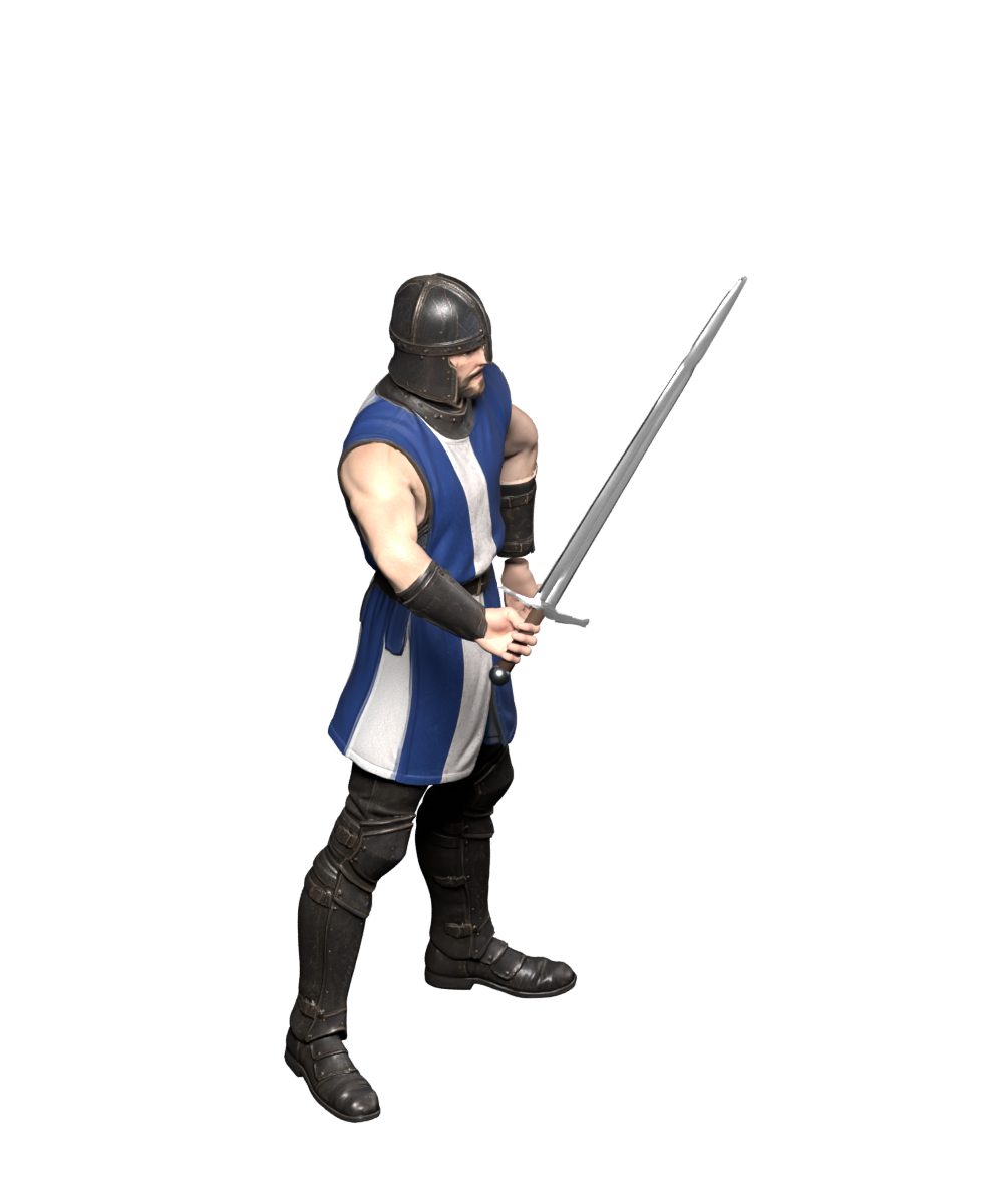 High-resolution Blender still of the Swordsman free-arm correction, subsequently applied across the action set; not an in-game capture