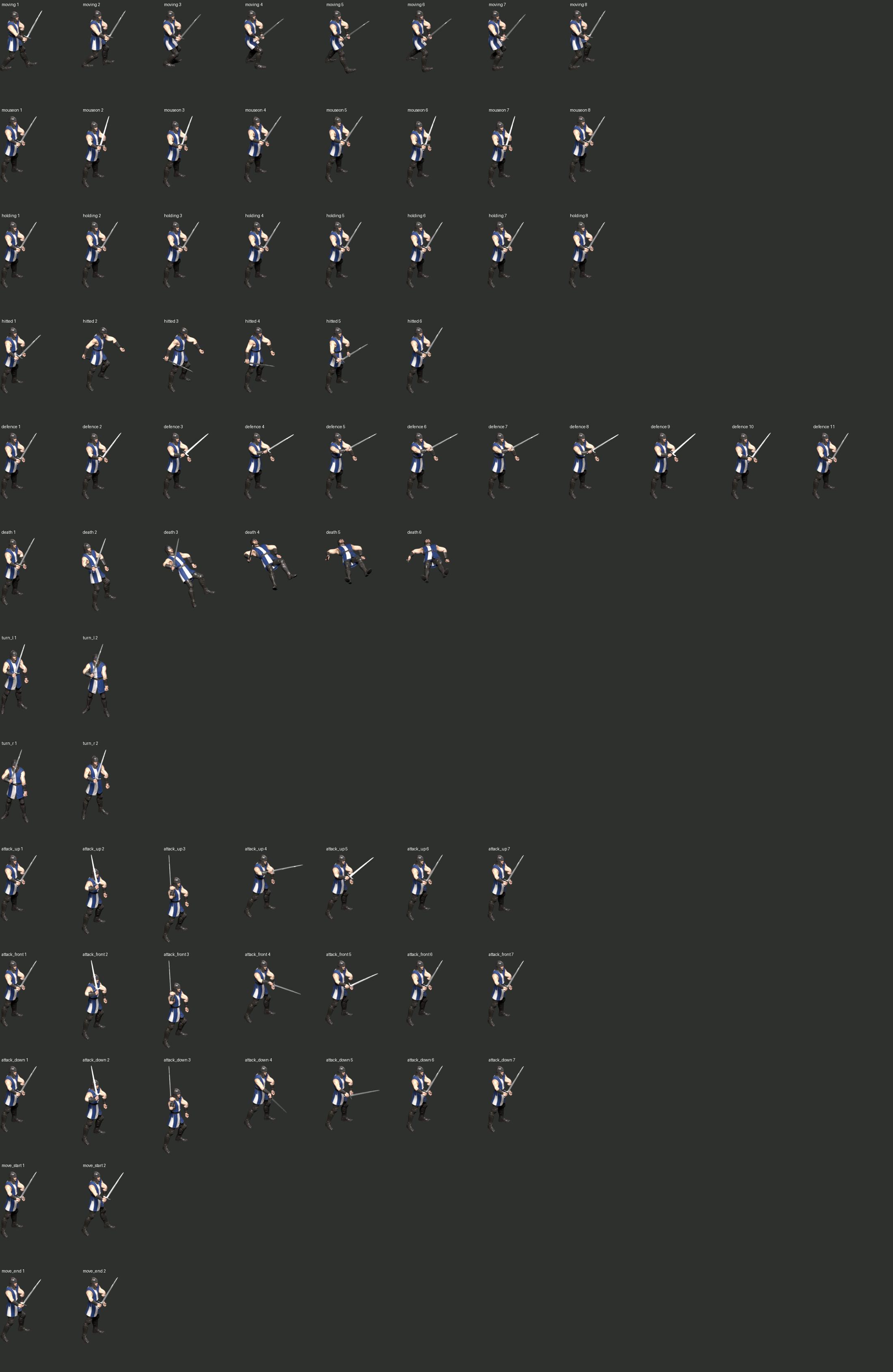 Blender review sheet of all 76 Swordsman frames. Subjects are cropped for pose inspection here; the game frames retain their fixed canvas