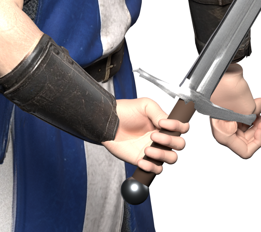 Static Blender close-up of the Swordsman grip, showing articulated fingers and the rebuilt hilt and pommel