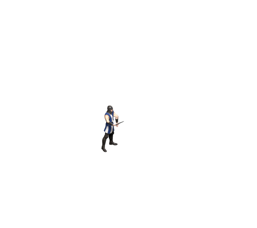 First idle-transfer frame through the Blender game camera. Sword orientation and grip remain unresolved; this is a trial record