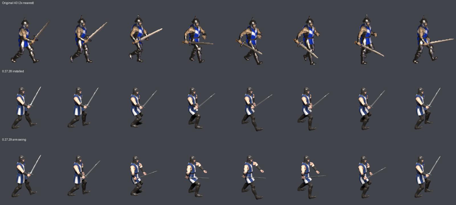 Top: original H3; middle: 0.27.28; bottom: 0.27.29. Eight walking frames at a common scale; both replacement rows are Blender renders