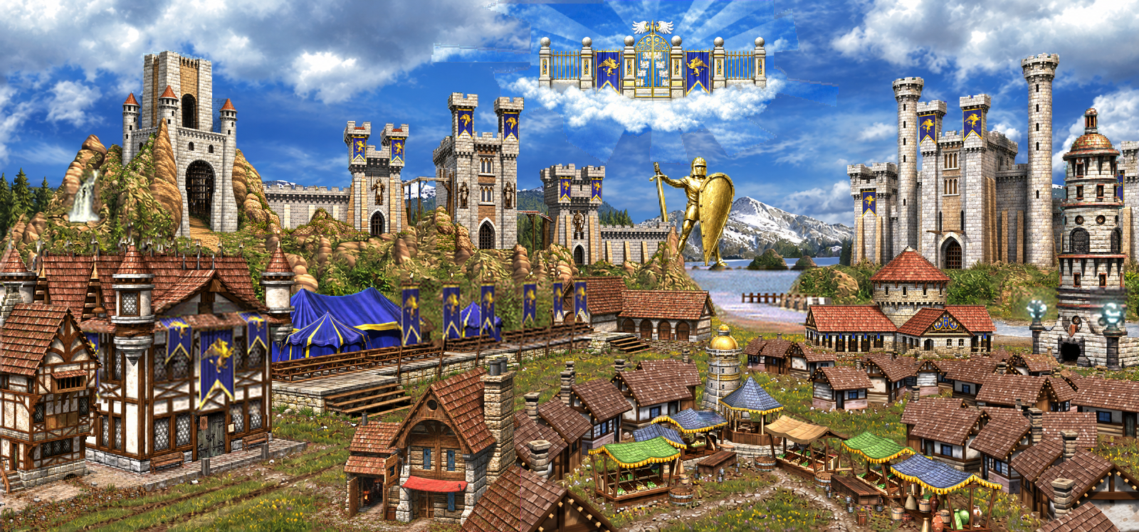 Rejected early offline composite: blue sky fragments around the Portal of Glory clash with the new background