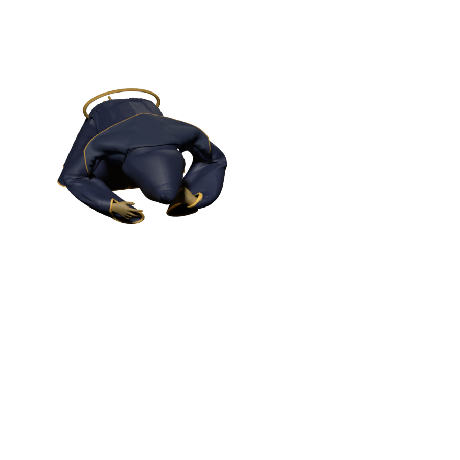 Folded-pose trial exposing a floating waist cord, high-resolution Blender still