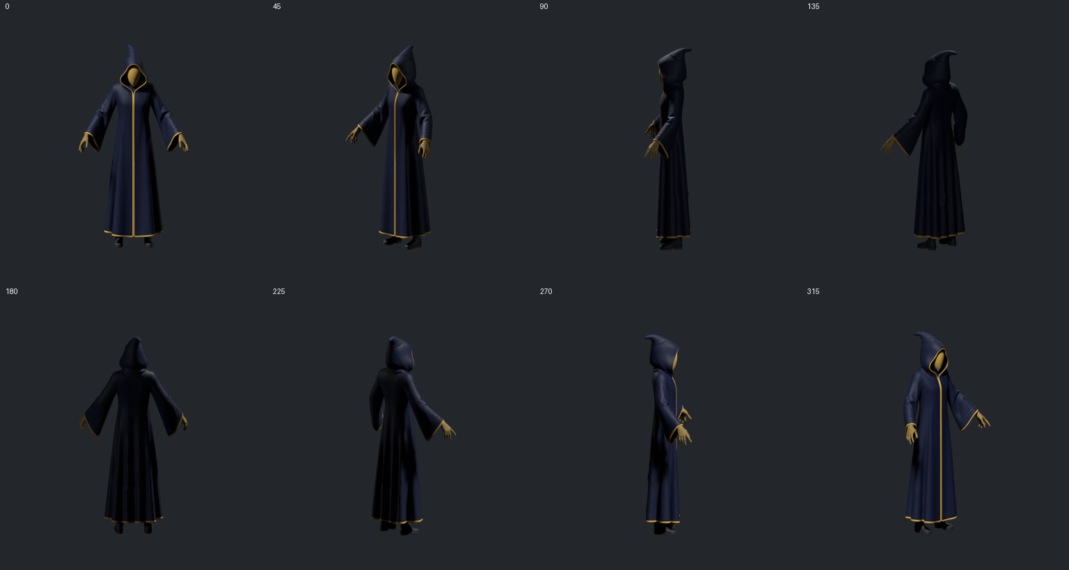 Eight Blender views of the dense candidate before binding