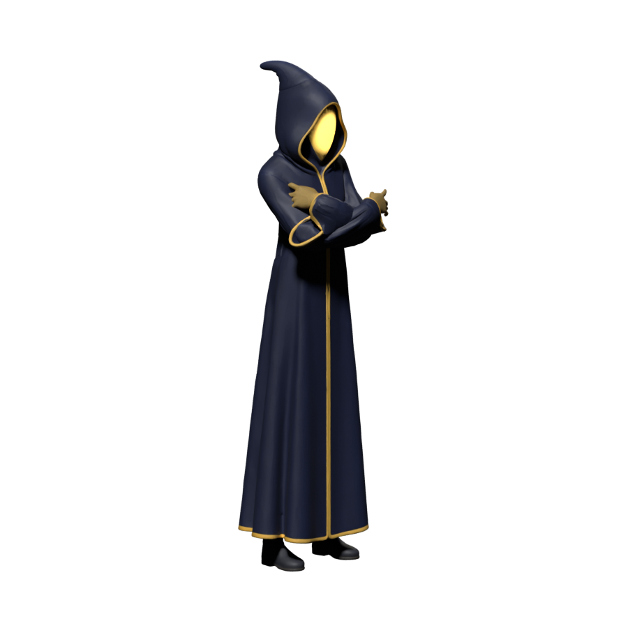 Current Blender holding still with graded face emission; folded arms and cuffs remain unfinished