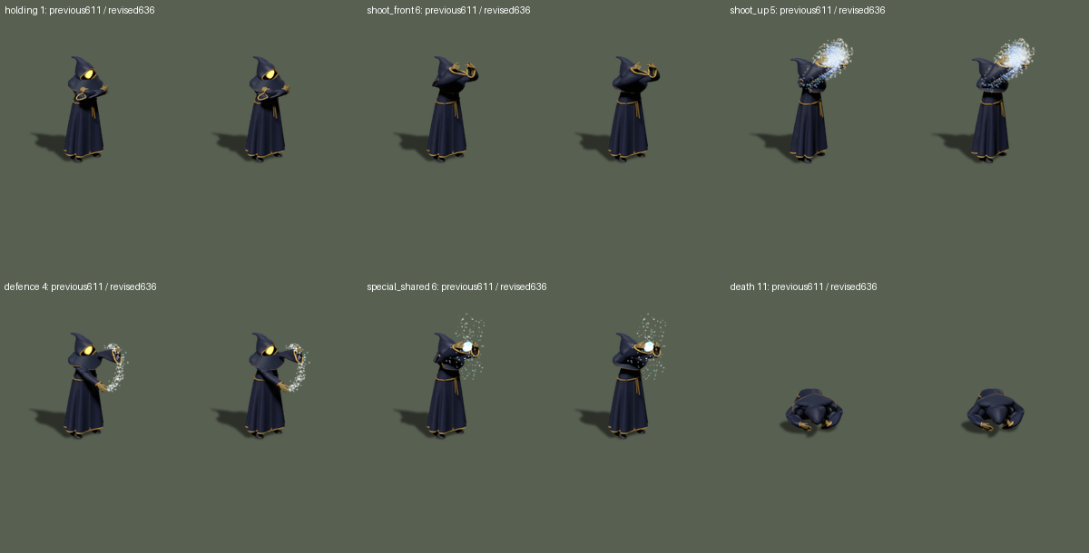 Offline composites: previous 611 on the left of each pair, installed 636 layers on the right, including regenerated shadows and effect occlusion; not a native screenshot