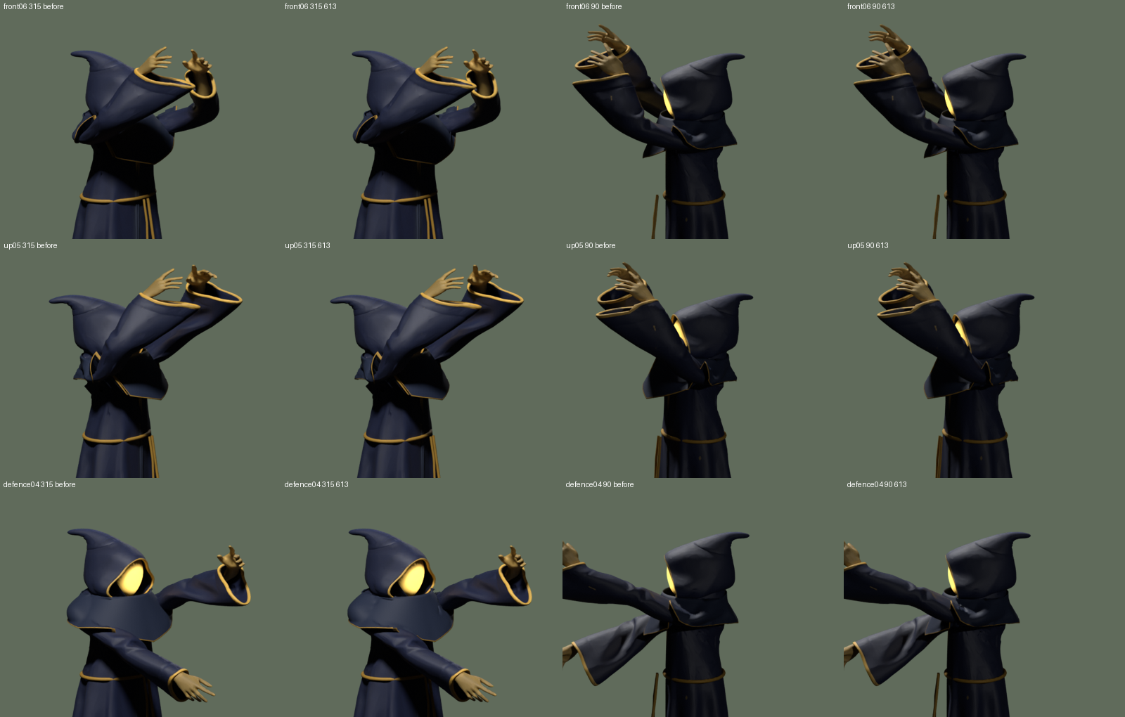 Three poses before and after local corrections, actual front and side Blender renders