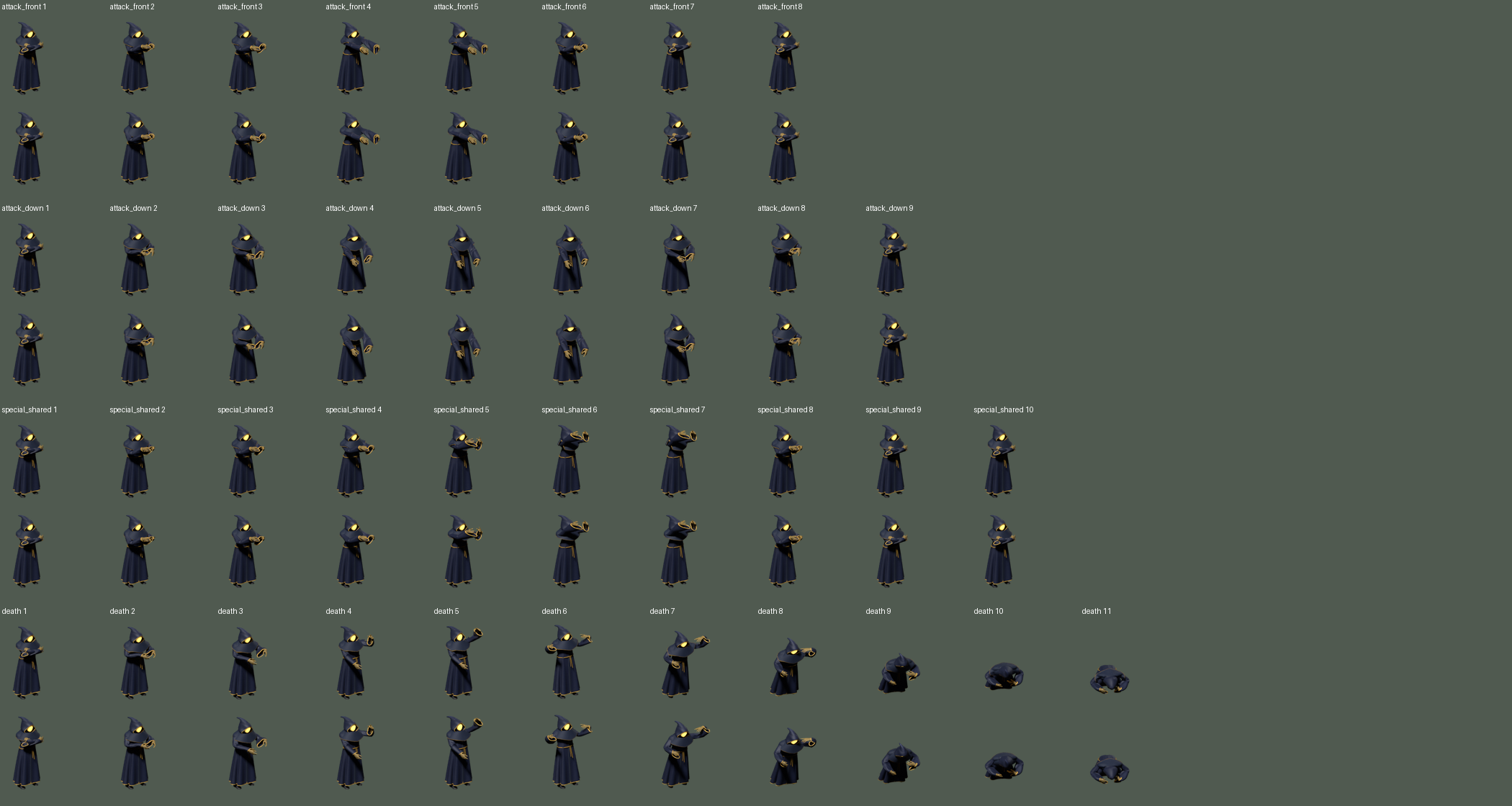 Body-only comparison for front and downward melee, special motion and death: installed 611 above offline 632 in each group; shadows and effects excluded