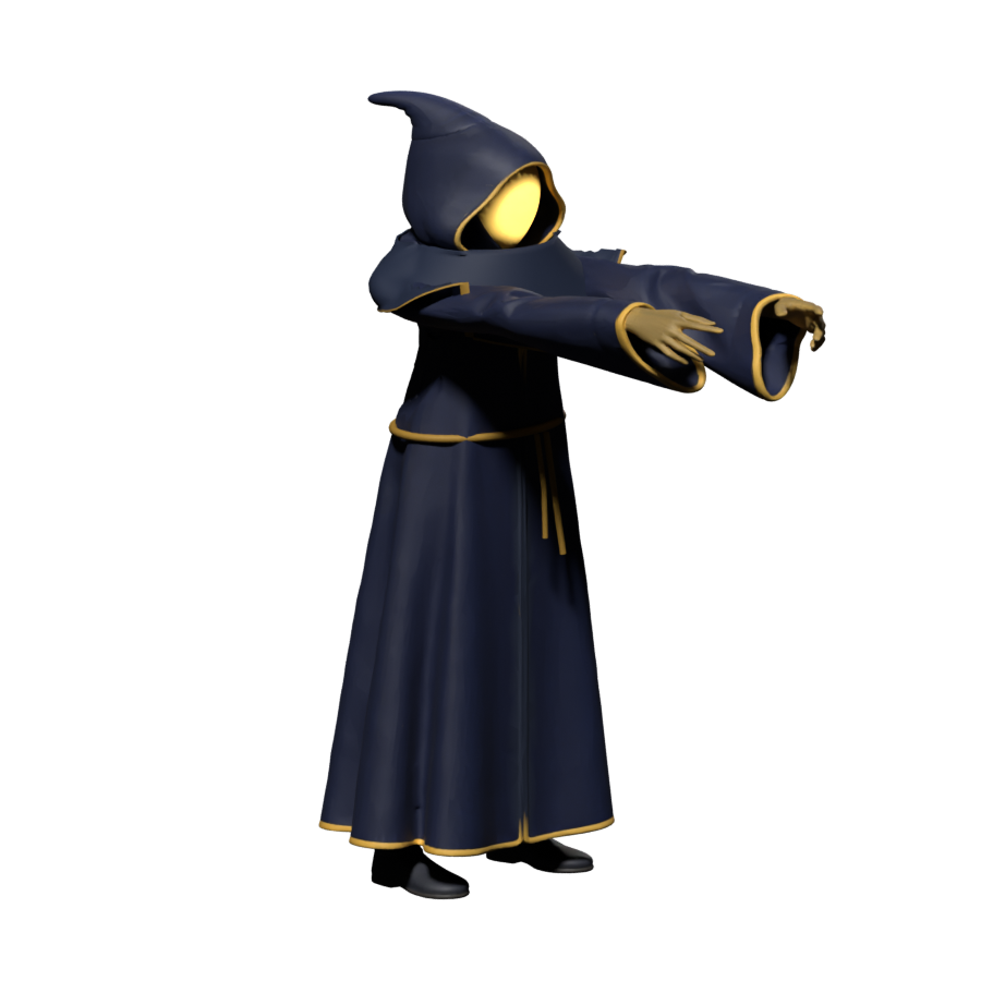 Fourth forward melee frame, high-resolution Blender still without casting effects