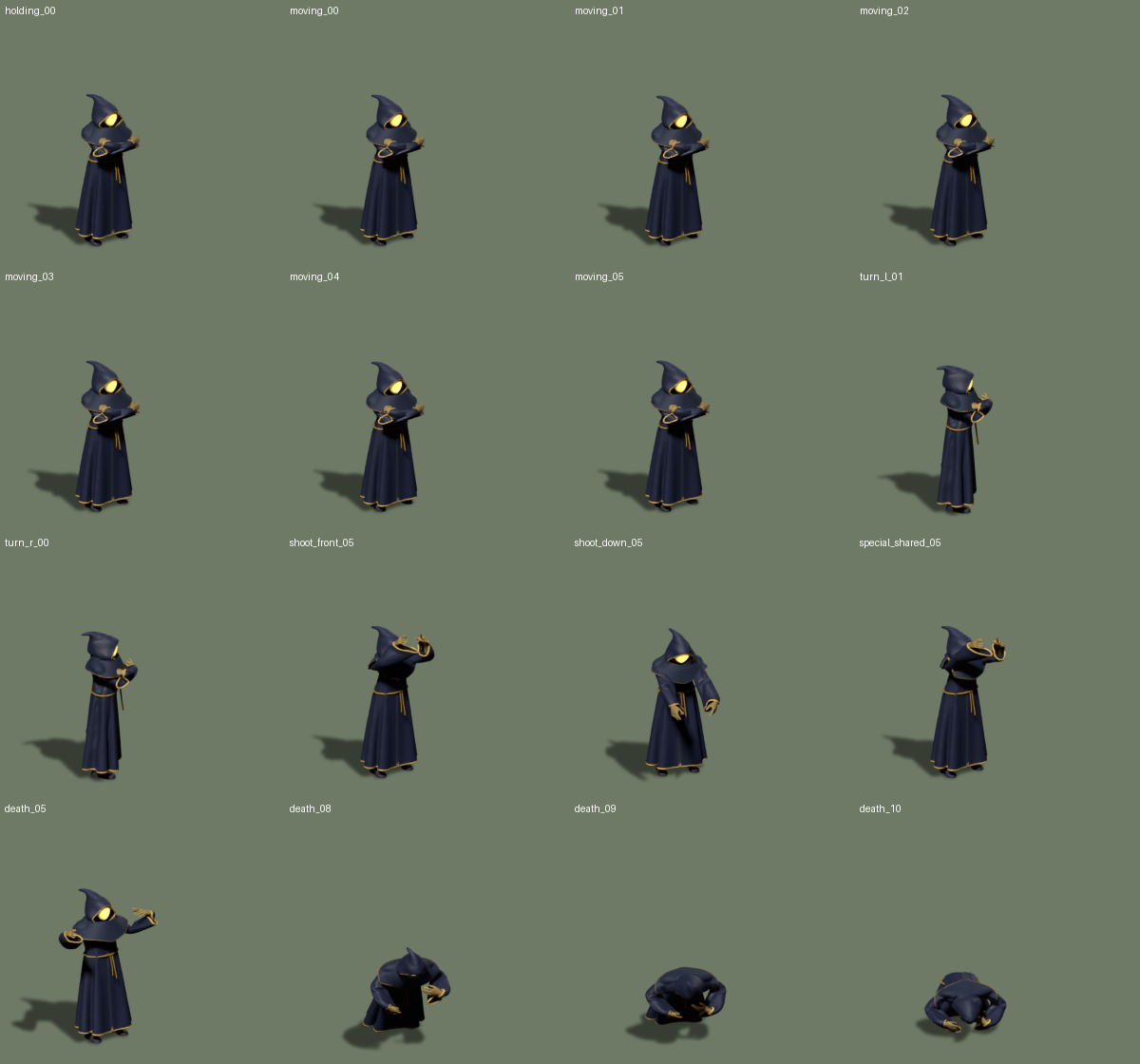 Offline body and geometry-shadow composites for movement, turns, casting and death; these are not game screenshots