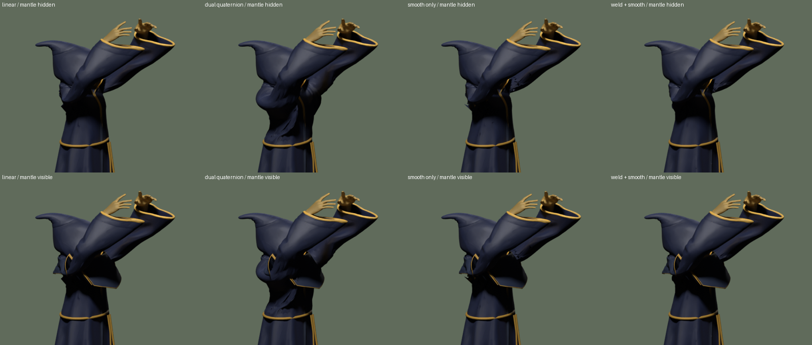 Actual Blender comparison: linear skinning, preserve-volume skinning, smoothing alone, then welding plus smoothing
