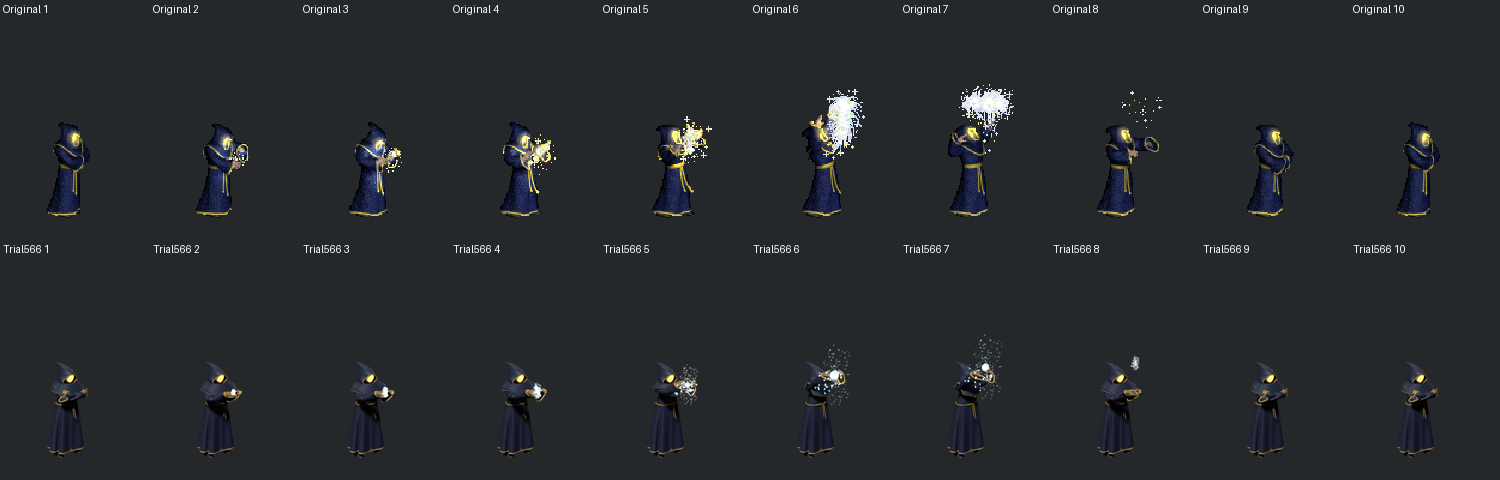 Original and draft special sequences at matched scale; effect density and pose differences remain visible