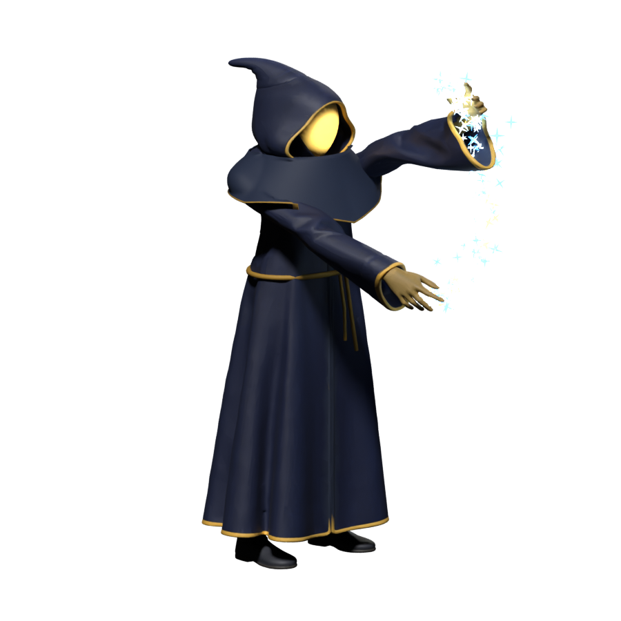 Fourth defence frame, high-resolution Blender still; hands, cloth and effect appearance remain under review