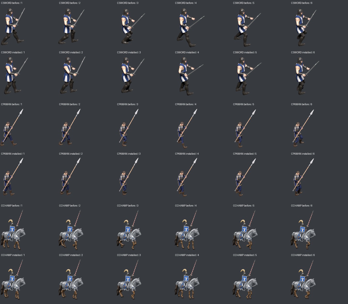 Swordsman, Pikeman and Champion: previous frames above, installed frames below; offline comparison using a shared crop