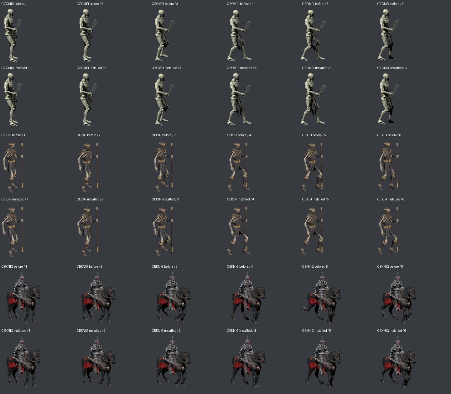 Walking Dead, Lich and Black Knight: previous frames above each installed sequence; offline frame comparison