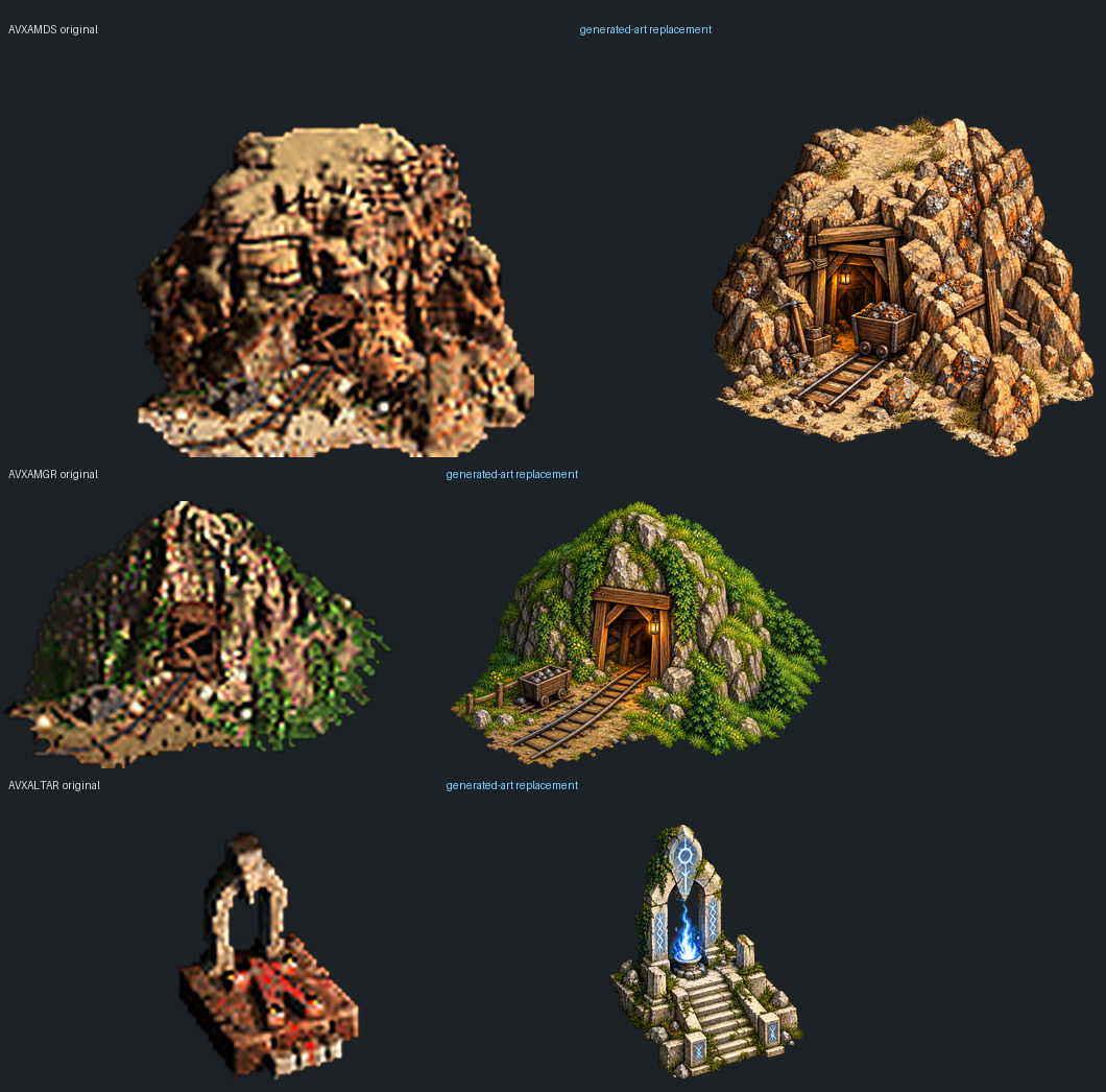 Three adventure-map landmarks: baseline and actual redraw replacement